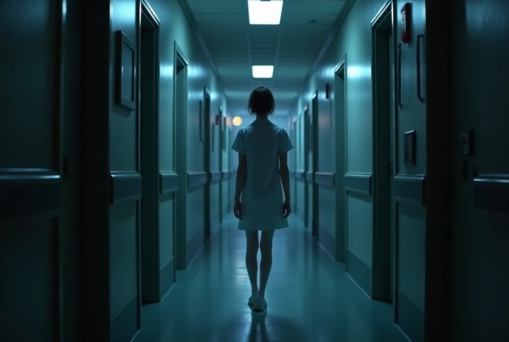 Dimly lit hospital corridor at night. There are three closed doors on each side. A woman in a 90s nurse uniform walks from door to door, Your body is transparent、The face has no features.
