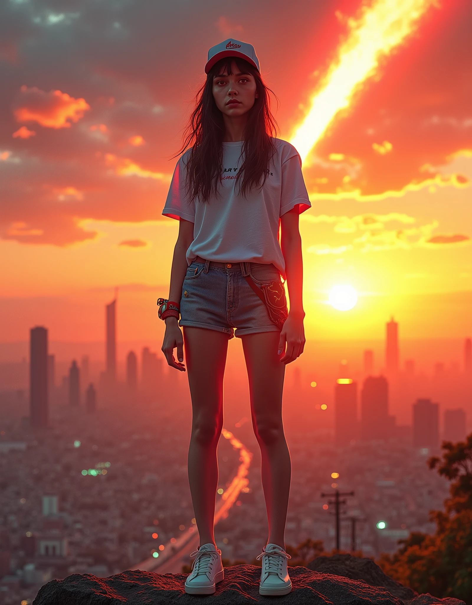 ((masterpiece, best quality)), (1girl), (solo), (female focus), (city view:1.2), (sunset:1.3), (meteor:1.4), (standing:1.3), Streetwear, Retro-style clothing, Athletic wear, Tracksuit, Sneakers, Accessories, Snapback, Long T-shirt, Shorts, black hair, red eyes, (very wide shot:1.5), cowboy shot