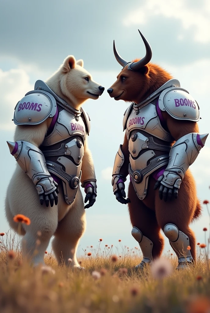 A generate image of a bear and bull are together very armor they are friends fighting in the field and taking their picture and a whiteish purple armor and greyish purple. The armor was written booms. They are smiling normally and more friendly , bear and bull. They somehow looking each other not touching