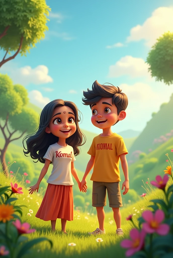 A animation A 20 year old girl bring tshirt name komal and smile logo with 20 year old boy and celebrating the god and enjoy peace full of the love nature and osm environment