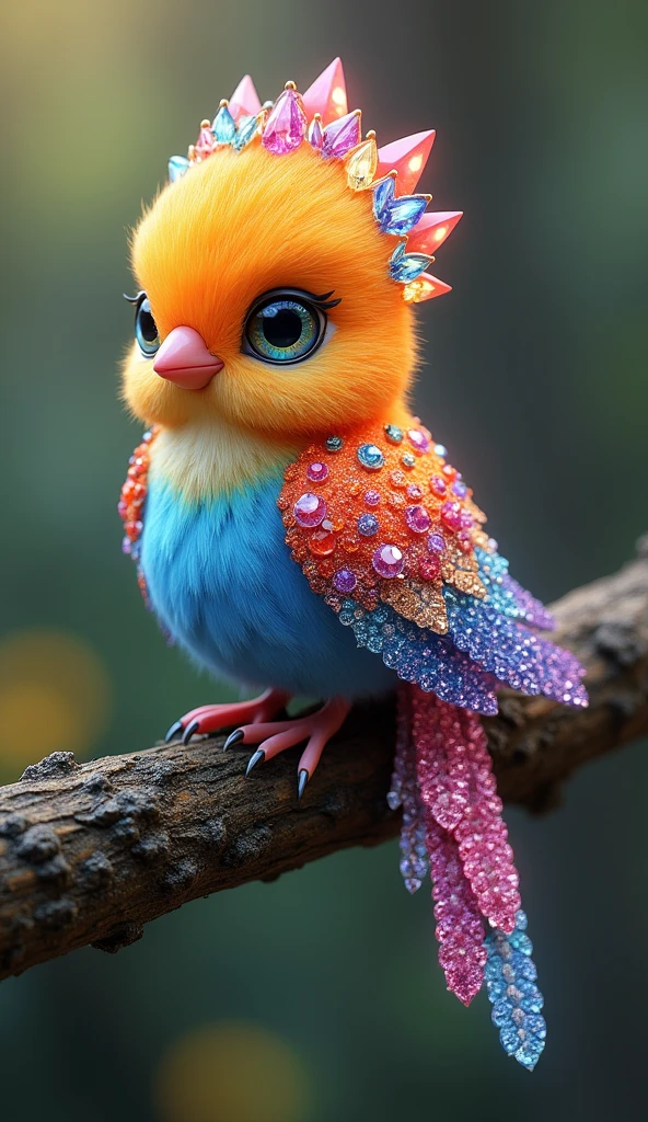 Forbes Diamond「Cute little bird on a tree」teeth、The protagonist is portrayed naturally and realistically.。, Highly detailed and photorealistic, Render the background, Photorealistic concept art, Hyperreal Rendering, Red realistic 3D rendering, Bird Society, Photorealistic images, Highly detailed and photorealistic, Ultra-realistic detailed rendering, Realistic detailed images, Highly detailed rendering, High quality rendering,((A cute little fictional bird with lots of colorful jewels on its body.))Cute fluorescent little bird,His whole body is covered in colored gems,The tail is also covered with jewels,Wear jewels,The feathers are colorful,Sparkling
