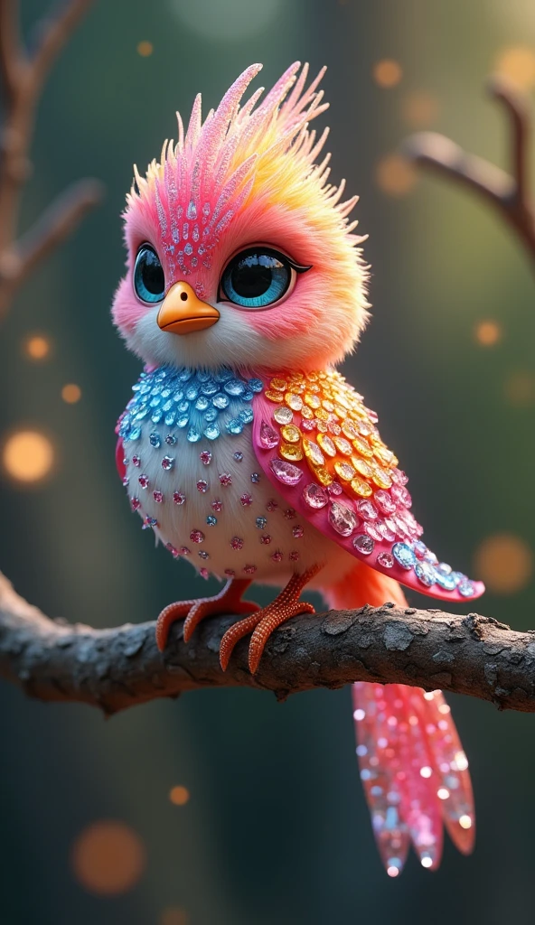 Forbes Diamond「Cute little bird on a tree」teeth、The protagonist is portrayed naturally and realistically.。, Highly detailed and photorealistic, Render the background, Photorealistic concept art, Hyperreal Rendering, Red realistic 3D rendering, Bird Society, Photorealistic images, Highly detailed and photorealistic, Ultra-realistic detailed rendering, Realistic detailed images, Highly detailed rendering, High quality rendering,((A cute little fictional bird with lots of colorful jewels on its body.))Cute fluorescent little bird,His whole body is covered in colored gems,The tail is also covered with jewels,Wear jewels,The feathers are colorful,Sparkling