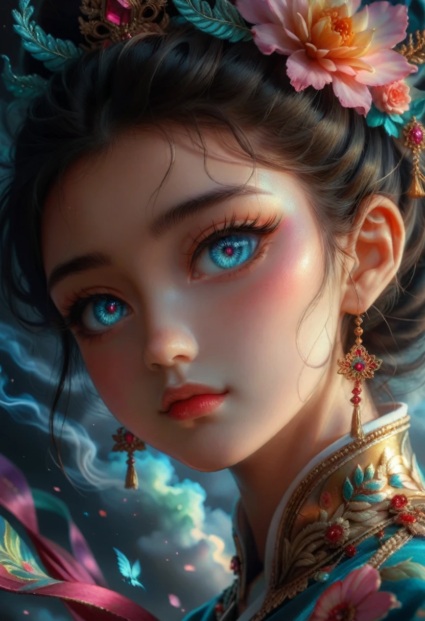 Chinese woman, face close-up, soaring female figure made of ribbons, smoke, in the sky, colorful and bright, mystical colors, modern impressionism, portraiture Yanjun Cheng, iridescent painting, 3/4 perspective view, cute face, low angle, wide swirling composition, big beautiful crystal eyes, large iris, UHD, HDR, 8K, (Masterpiece: 1. 5), (World's most beautiful portrait: 1.5)