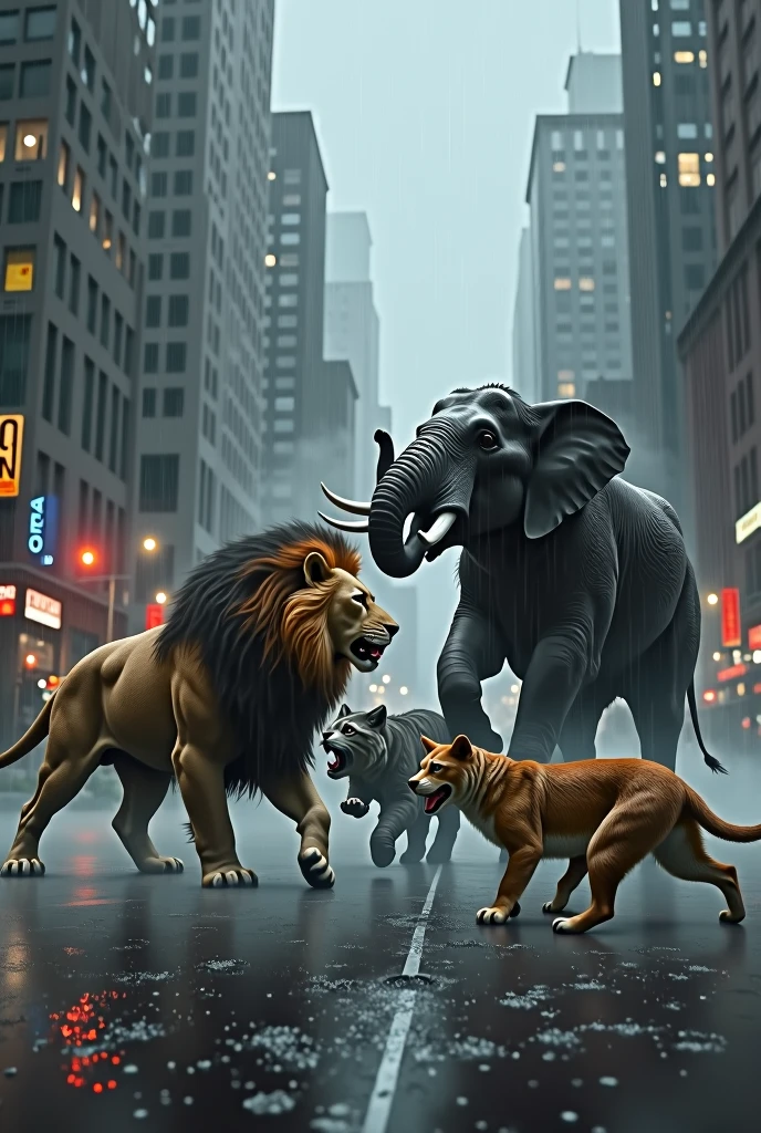 Lion and elephant and cat and dog are fighting in new york city, heavy rain with fog