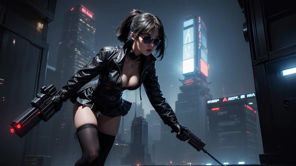 (Wide angle view). Blade Runner style futuristic city, simple outlined neon tall buildings, glowing giant clock tower, flying cars, helicopter, lightning, 3D rendering Beeple. At night, (1girl, solo, alone), photorealistic, medium-breast slim:0.6 body, oval:0.5 face, cleavage:1.1, sexy black laced bra, glove, deep-V, (very low angle view of miniskirt), white laced panty, coat, (Matrix style black micro sunglasses), ((aiming viewer with a short gun)), (running pose), (half-body thigh level close-up shot), cinematic lighting, ray tracing.