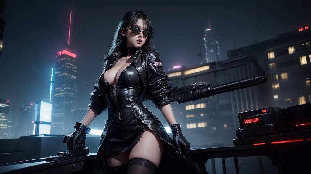 (Wide angle view). Blade Runner style futuristic city, simple outlined neon tall buildings, glowing giant clock tower, flying cars, helicopter, lightning, 3D rendering Beeple. At night, (1girl, solo, alone), photorealistic, medium-breast slim:0.6 body, oval:0.5 face, cleavage:1.1, sexy black laced bra, glove, deep-V, (very low angle view of miniskirt), white laced panty, coat, (Matrix style black micro sunglasses), ((aiming viewer with a short gun)), (running pose), (half-body thigh level close-up shot), cinematic lighting, ray tracing.