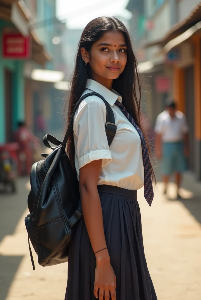 Beautiful ((White Indian))  girl, , (white skin), in indian school uniform, realistic photo, large breasts , standing and looking back, carring a school bag on her back, indian street,  detailed hands and face and eyes, looking away, full body, full body shot, 16k UHD
