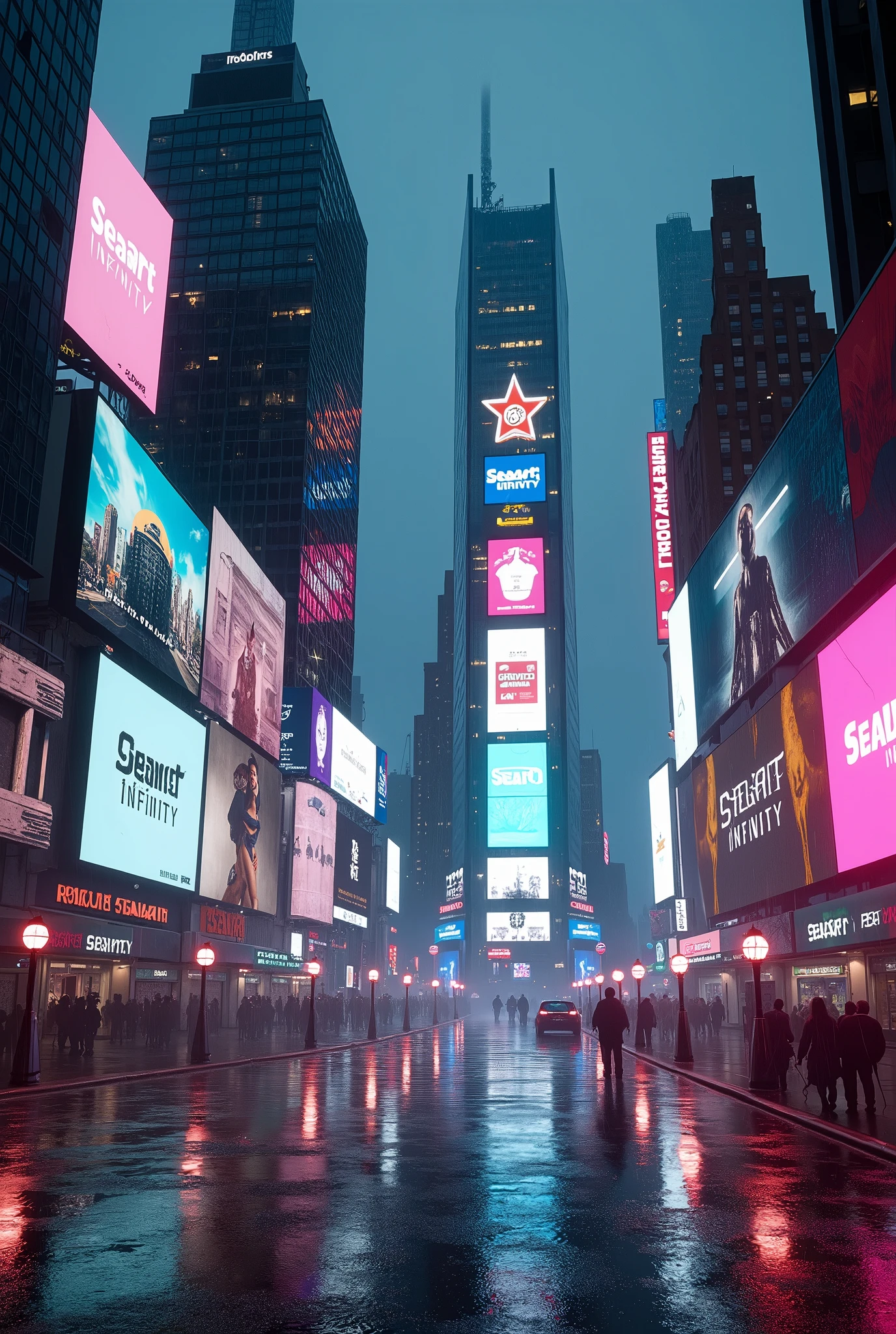Photographic grade，Movie quality，CG Wallpaper，Cyber Times Square in New York City in the rain，All billboards on the street have"SeaArt Infinity"The text appears