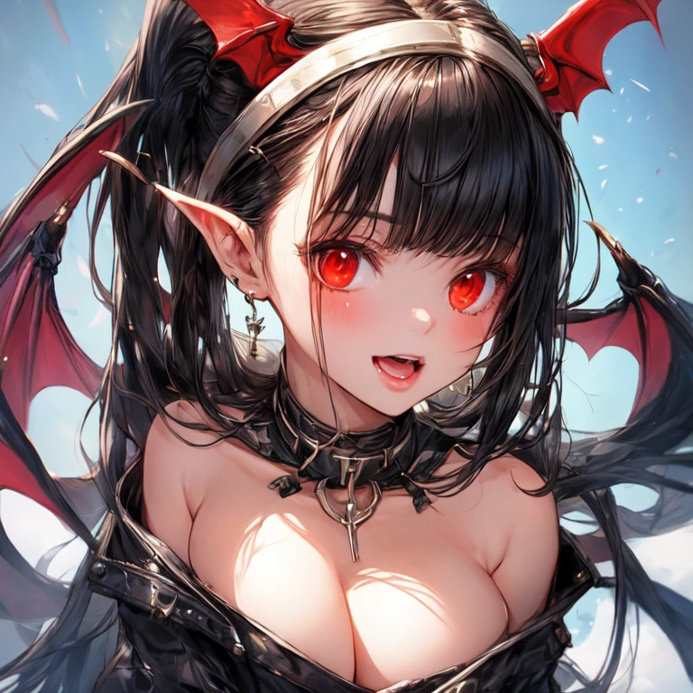 Beautiful vampire girl with long black hair, and red eyes, big breasts,  uhd, textured skin, super detail, high details, high quality,
