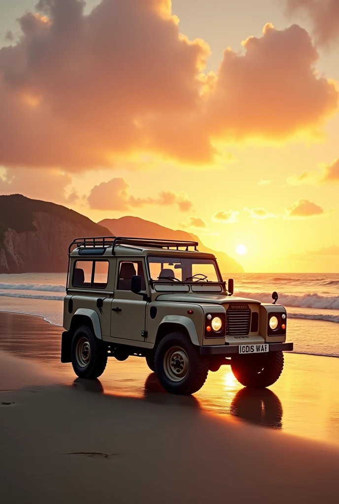 (photorealism:1.2), beautiful sunset view in the beach with old land rover defender