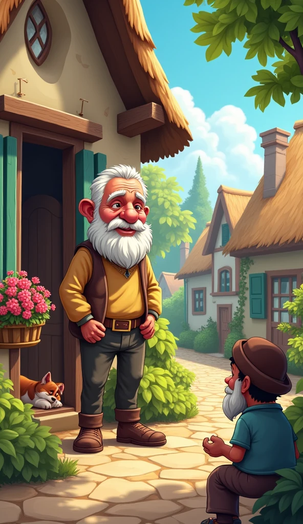 Older man standing thier house beside in village show beggars home cartoon 