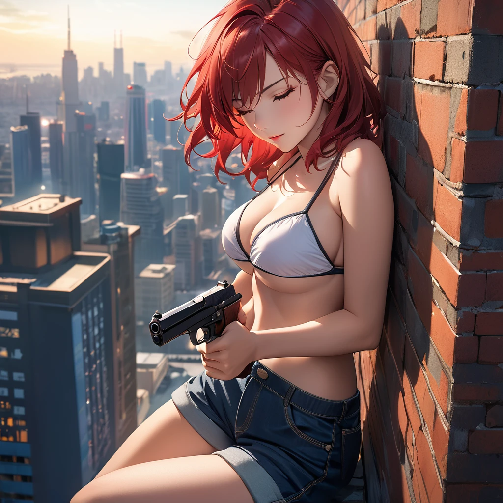 a woman with long flowing red hair wearing a bikini top and shorts, aiming a pistol directly at the camera with her eyes closed, leaning against a brick wall in the foreground, city skyline with skyscrapers in the background, cowboy bebop style, cinematic lighting, highly detailed, photorealistic, award winning digital art