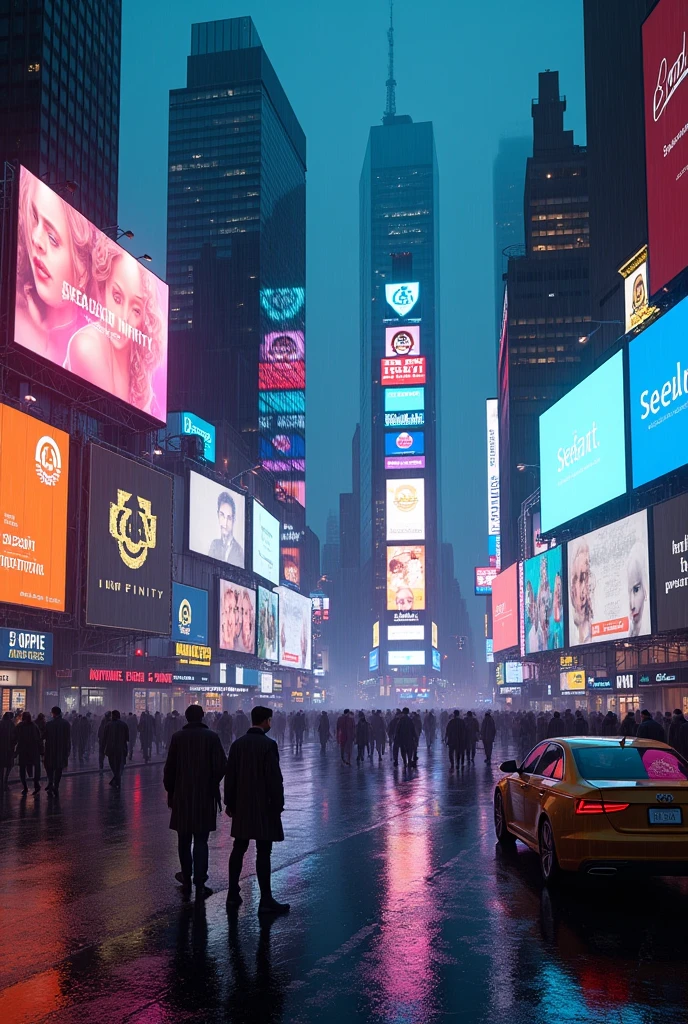 Photographic grade,Movie quality,CG Wallpaper,Cyber Times Square in New York City in the rain,All the billboards on the street have been"SeaArt Infinity"Appear