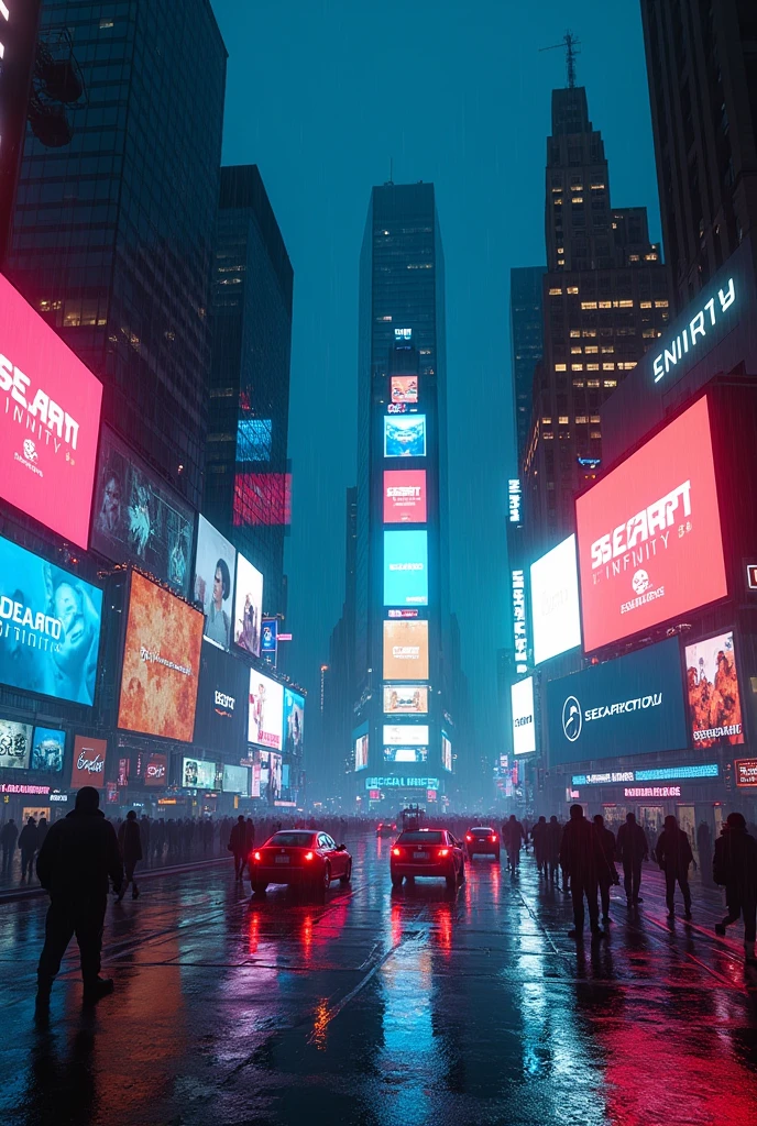 Photographic grade，Movie quality，CG Wallpaper，Cyber Times Square in New York City in the rain，All the billboards on the street have been"SeaArt Infinity"Appear