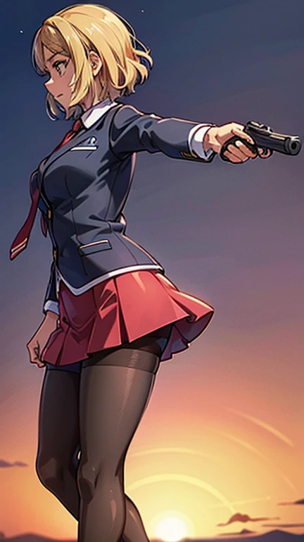 Highest quality、Ultra HD、One Woman、(Silver short hair)、(Red blazer 1.3)、(Red tie)、(shirt)、(Red Heel 1.1)、((Red Mini Tight Skirt))、((Black tights 1.2))、((1 Shooting a gun with both hands.5))、Stylish、Beautiful Faces、(Black belt 1.2)、2 female、Glamorous Body、(Sunset slum background 1.2)、((A clear and beautiful touch))