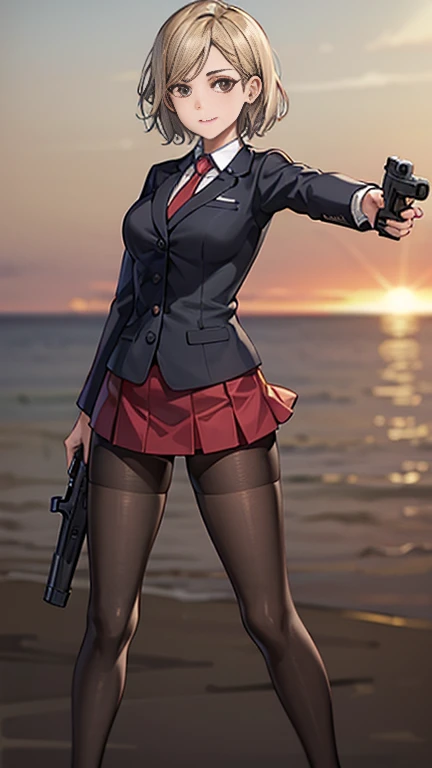 Highest quality、Ultra HD、One Woman、(Silver short hair)、(Red blazer 1.3)、(Red tie)、(shirt)、(Red Heel 1.1)、((Red Mini Tight Skirt))、((Black tights 1.2))、((1 Shooting a gun with both hands.5))、Stylish、Beautiful Faces、(Black belt 1.2)、2 female、Glamorous Body、(Sunset slum background 1.2)、((A clear and beautiful touch))