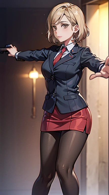 Highest quality、Ultra HD、One Woman、(Silver short hair)、(Red blazer 1.3)、(Red tie)、(shirt)、(Red Heel 1.1)、((Red Mini Tight Skirt))、((Black tights 1.2))、((1 Shooting a gun with both hands.5))、Stylish、Beautiful Faces、(Black belt 1.2)、2 female、Glamorous Body、(Sunset slum background 1.2)、((A clear and beautiful touch))