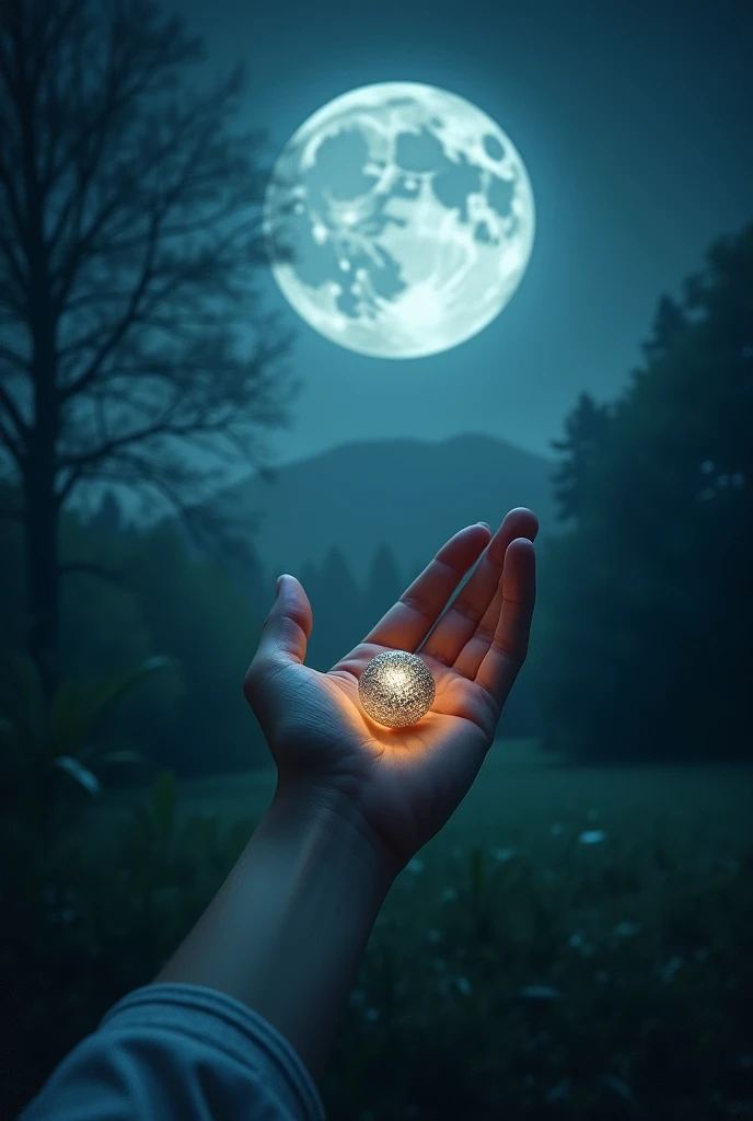 In nature, the moon shines brightly at midnight, and there is something in the palm of the hand in the moonlight