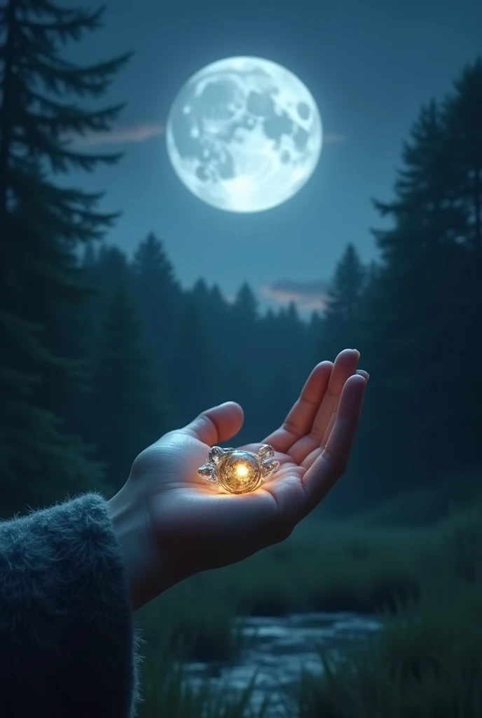 In nature, the moon shines brightly at midnight, and there is something in the palm of the hand in the moonlight