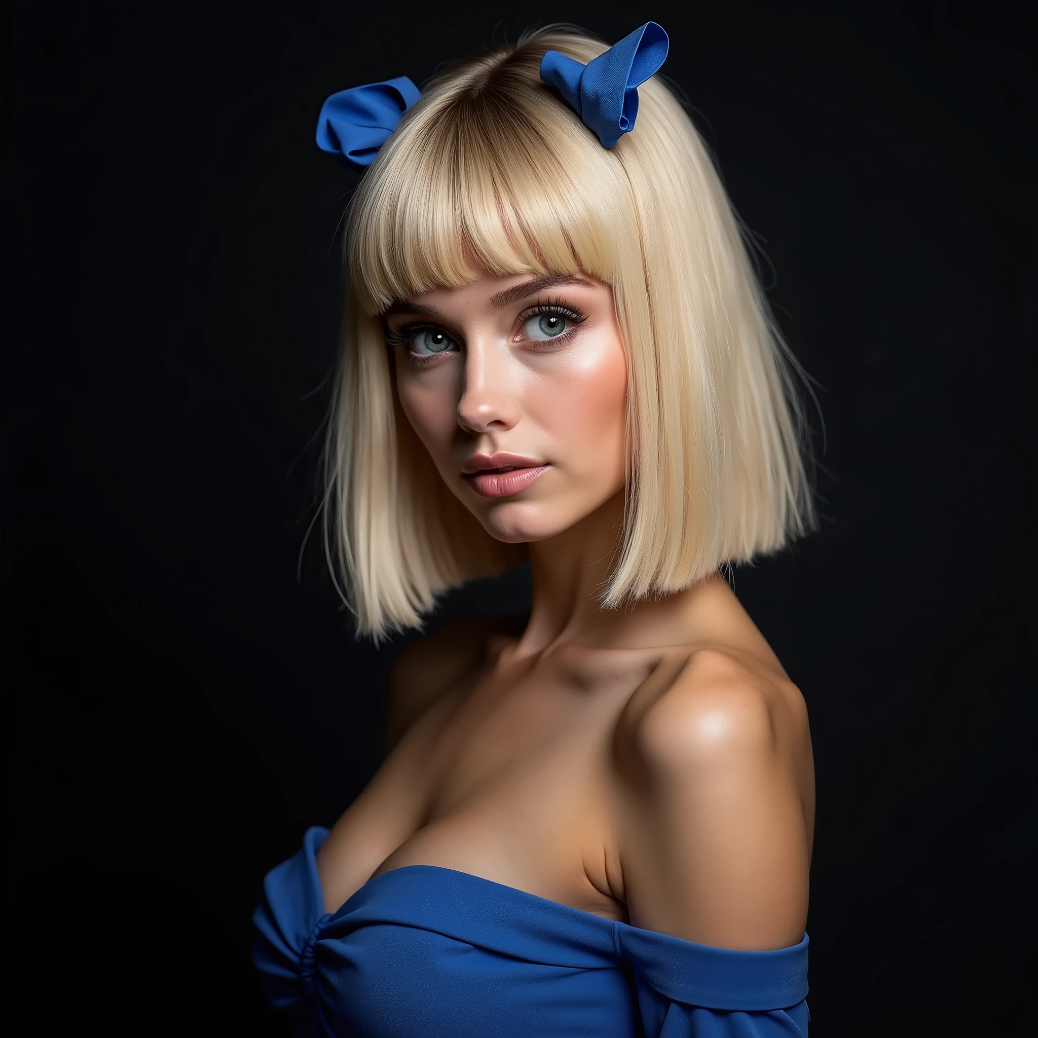 naughty sexy fashion girl with her face straight at the viewer, professional, portrait photography, studio light from above and backlight from behind the head, cutie (Sharp Focus:1.3), very detailed, beautiful detailed face, blonde, square hairstyle, There are two small blue bows on her head, beautiful eyes, --Detailing, whole body, a lot of femininity, Blue dress, Tempting, Dazzling, Black background
