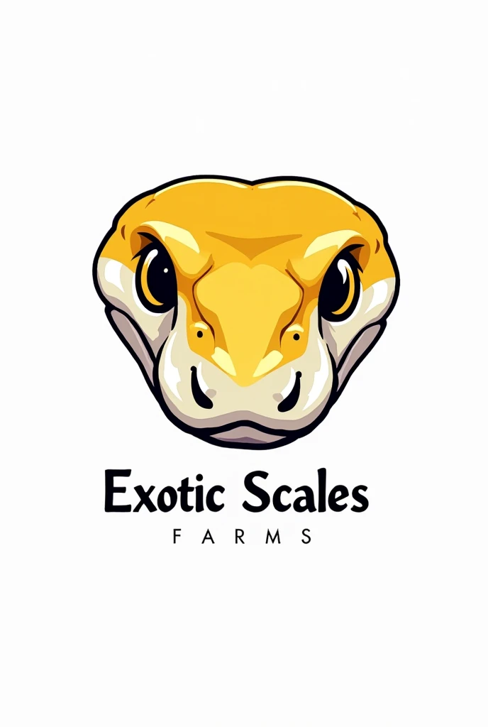 Create a white background logo for a snake farm using the face of a yellow and white python with the basic elements of a python's face looking out to the horizon, The logo must have bright colors and an allusion to Freemasonry. The python snake must be characteristic and below the logo put the name. " Exotic scales" Create a bold and eye-catching logo