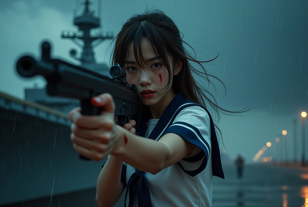 Browsing Caution:-2, (Highest quality:1.37), 32K resolution, (Realistic:1.37), (Ultra-realistic:1.37), High resolution UHD, Realistic, Beautiful Army, Photorealistic, Highly realistic photos, (Has an assault rifle:1.37), (Assault rifle in front of you:1.37), Anatomically correct５Finger, from side:1.21, Above the knee shot, Close your lips, Wet clothes:1.1, Wet Skin:1.1, Wet Hair:1.1, Dark red blood flows from the body:1.37, Portrait of a Japan woman:1.21, School uniforms, Sailor uniforms from famous Tokyo Metropolitan High Schools, Short sleeve clothing, Short-sleeved sailor uniform:1.21, sera fuku:1.21, The upper body is wearing a uniform:1.21, Navy blue micro skirt, With a Japanese sword on his back;1.21, Brown Hair, Straight Long Hair, Beautiful hair blowing in the wind, On board an aircraft carrier at night, On the deck at night, (The bridge can be seen in the background:1.21), (Anti-submarine helicopter destroyer:1.21), Night pouring rain:1.37, In the storm at night:1.21, In a storm:1.21, Invasion of the enemy:1.21, Justice, Responsibility, Students in the 1970s, Cute Japanese woman's face:1.21, Beautiful Japanese woman face:1.21, Sharp eyebrows:1.37, Anxious face, White skin:1.21, Fine skin, Glowing Skin:1.21, Serene Photos, Retro Photography, Dynamic and cinematic lighting,