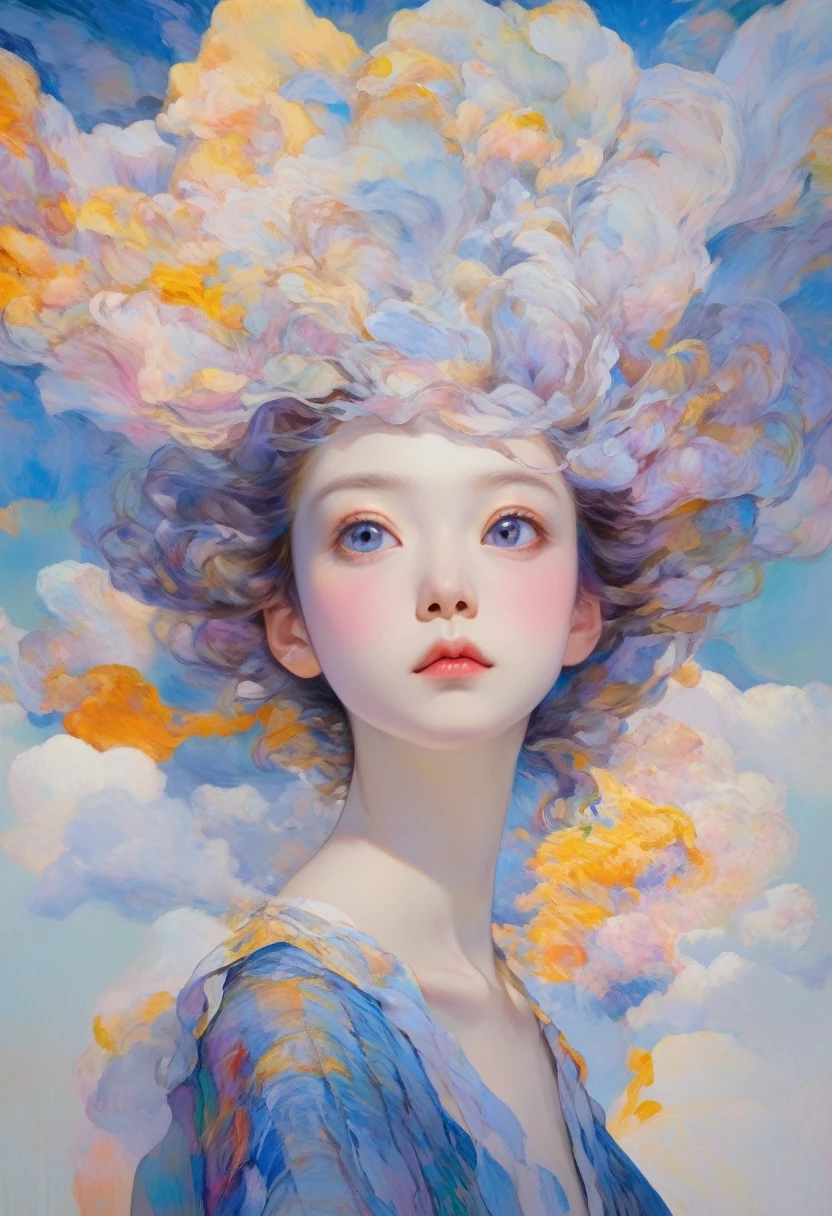 _James Jeans、A floating girl made of bundles of light、light、In the sky、colorful, Vivid and mysterious colors、modern impressionism、Portrait of Yanjun Chen、Iris Painting、3/4 Perspective View、Cute Face、Low angle、Radical Swivel Configuration、Big beautiful crystal eyes、Big Iris、超High resolution、High resolution、8k、(masterpiece:1.5)、(The most beautiful portraits in the world:1.4)、Golden Ratio、