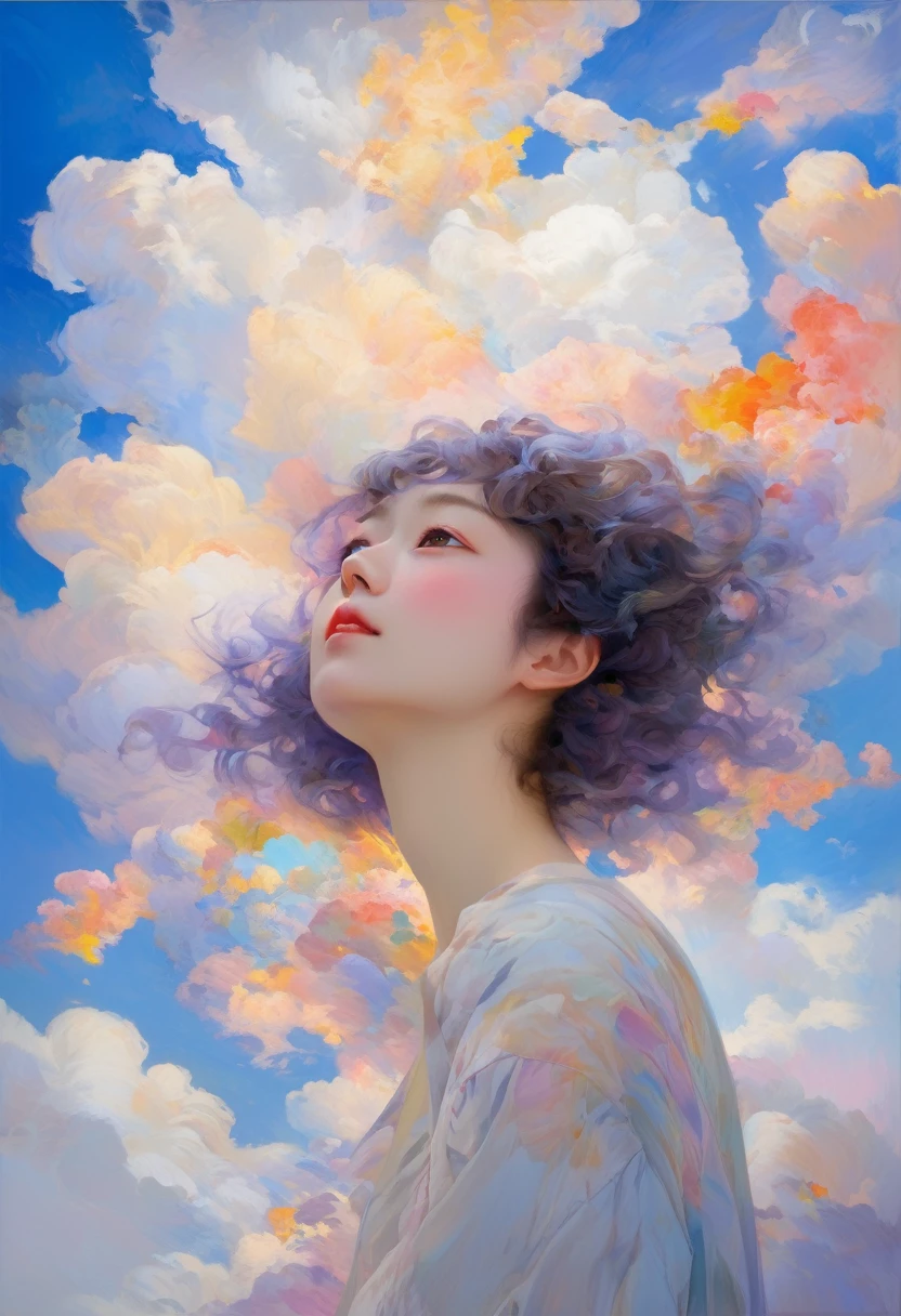 _James Jeans、A floating girl made of bundles of light、light、In the sky、colorful, Vivid and mysterious colors、modern impressionism、Portrait of Yanjun Chen、Iris Painting、3/4 Perspective View、Cute Face、Low angle、Radical Swivel Configuration、Big beautiful crystal eyes、Big Iris、超High resolution、High resolution、8k、(masterpiece:1.5)、(The most beautiful portraits in the world:1.4)、Golden Ratio、