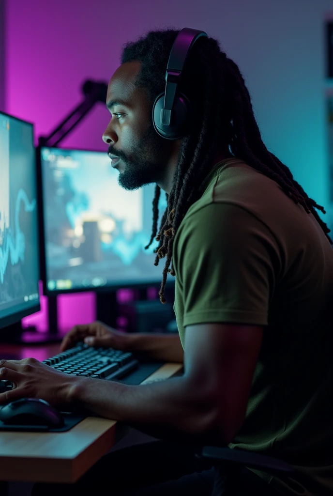 African American man with dreads with athletic build playing video games in his man cave at night at his desk while streaming. Wearing an olive green tshirt. Camera angle is from behind him, looking over his shoulder. We see the back of his head as He is looking onward at the monitor as he plays. Room is dark and illuminated by his monitor and rgb lights. He has iems in his ears