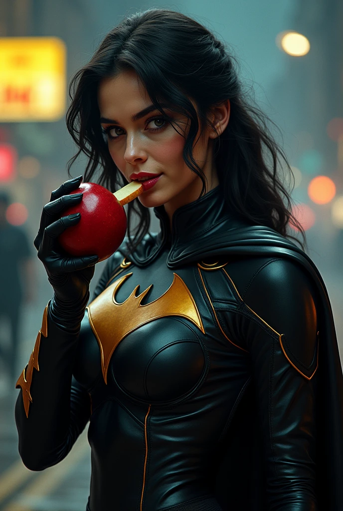 A beautiful girl wearing a batwoman costume and eating apple