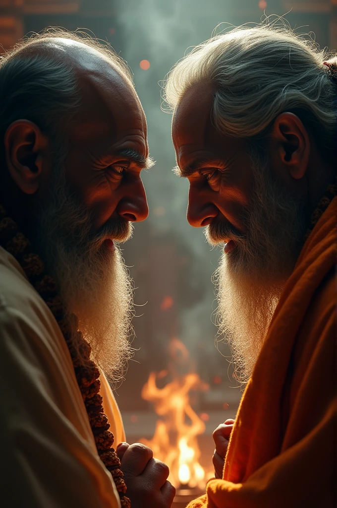 Face-Off: Two characters Indian pandit and shishya at each other with intense anger and resentment in their eyes, standing inches apart.