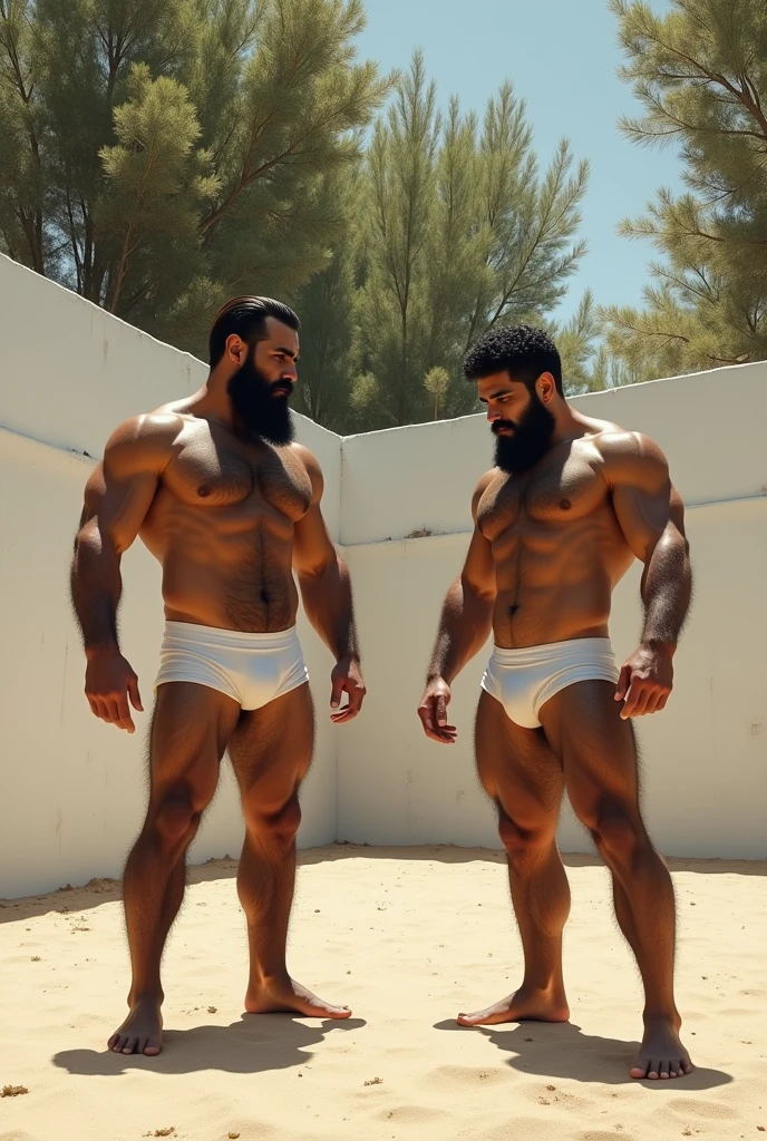 A big hairy very hairy bearded strong muscular Persian man standing in white underwear, in white underwear next to one standing in front of him, in a courtyard completely walled with a white wall, Sandy ground, big trees in the background.  watching the background.