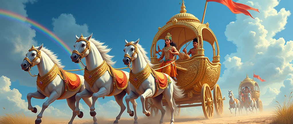 A dynamic painting depicting a scene from the Indian epic Mahabharata, featuring two central figures riding a golden chariot. The chariot is adorned with intricate golden embellishments, including elaborate designs on its sides, an ornate canopy with a central dome, and a vibrant red flag flying atop it. Four white horses with golden harnesses, red and green decorations, and flowing manes are pulling the chariot, their muscular legs raised in mid-stride, creating a sense of powerful motion. The driver, positioned on the left, wears a golden armor with a red and blue dhoti, holding a bow in his right hand. Beside him sitsKrishna, dressed in a rich golden robe with intricate designs, adorned with floral garlands and a decorative crown, holding a wooden whip in his right hand. Both figures have serene yet determined expressions. The background showcases a dramatic sky filled with vibrant blue hues and scattered white clouds, creating a stark contrast to the bright colors of the chariot and its occupants. In the distance, another similar chariot can be seen, adding depth to the scene. The lighting is bright and even, emphasizing the vivid colors and details, while casting soft shadows on the ground, enhancing the three-dimensional quality of the illustration. The overall composition is balanced and dynamic, capturing the grandeur and intensity of this significant moment in the story, with high contrast and saturation enhancing the visual impact and creating a majestic, ethereal atmosphere. Realism Break (masterpiece:1.2), (highest quality), 4K, Super detailed, (Dynamic configuration:1.4), Very detailed, Colorful details,( Rainbow-colored:1.2), (Shining Lights, Atmospheric lighting), dream-like, Magic, (alone:1.2),
