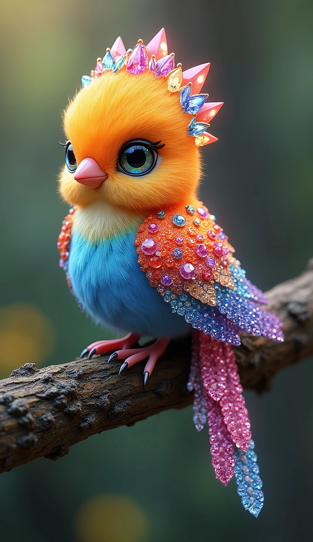 Forbes Diamond「Cute little bird on a tree」teeth、The protagonist is portrayed naturally and realistically.。, Highly detailed and photorealistic, Render the background, Photorealistic concept art, Hyperreal Rendering, Red realistic 3D rendering, Bird Society, Photorealistic images, Highly detailed and photorealistic, Ultra-realistic detailed rendering, Realistic detailed images, Highly detailed rendering, High quality rendering,((A cute little fictional bird with lots of colorful jewels on its body.))Cute fluorescent little bird,His whole body is covered in colored gems,The tail is also covered with jewels,Wear jewels,The feathers are colorful,Sparkling