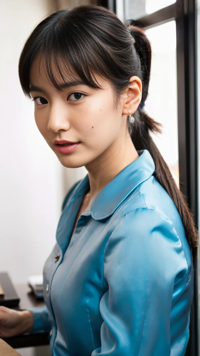 (top-quality, 16K, ​masterpiece:1.3), (ultra detailed), (masterpiece), (best quality), Highest quality, Realistic, Surreal, Highest quality, Extremely detailed CG, Very delicate, 16K wallpaper, High resolution, BREAK ((Silky hair)), ((medium Hair:1.5)), ((high ponytail:1.5)), (hime style:1.2), (hime cut:1.2), ((asymmetrical bangs)), (a woman in a management position at a prestigious company), ((solo)), ((8 heads tall)), ((38歳)), BREAK ((upper body:1.4)), ((look into the viewer's eyes:1.5)), ((looking at viewer:1.5)), ((Front view:1.5)), ((from front:1.5)), BREAK ((mole, beauty mark:1.3)), short arms, ((small eyes)), fleeting atmosphere, ((thin eyebrows:1.4)), ((thin lips:1.5)), (embarrassed, blush), ((orgasm:1.4)), ((ecstasy:1.5)), (slut:1.2), (fucked silly:1.2), BREAK (very beautiful woman), ((UNTITLED business suit:1.5)), ((Very simple necklace)), ((earrings)), ((With a large window Japanese office)), ((Working at desk:1.4)), Japanese, slender body, very detailed, detailed fingers, detailed hands, detailed eyes, detailed legs, accurate and perfect human anatomy, real human skin,