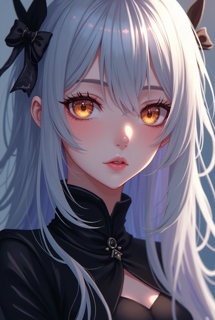 Assassin anime girl portrait with silvery platinum hair, amethyst eyes with golden hue color and sexy