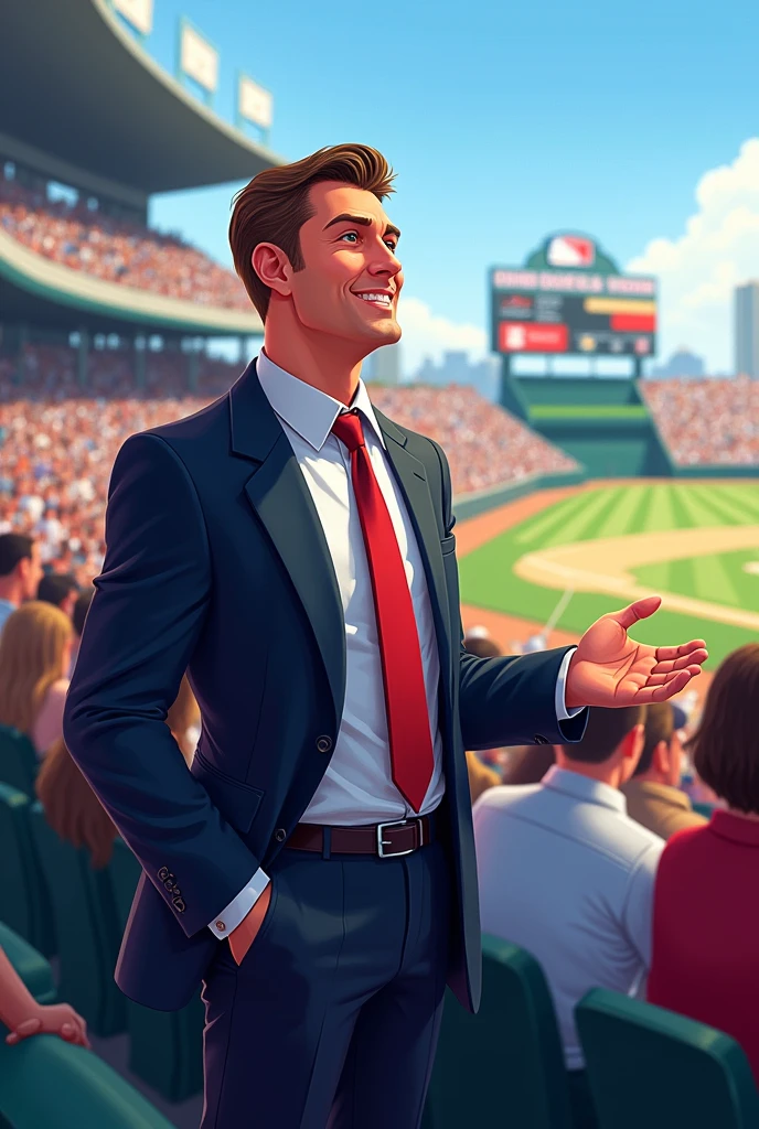 This is an illustration showing a male supervisor attending a baseball game and greeting the audience.