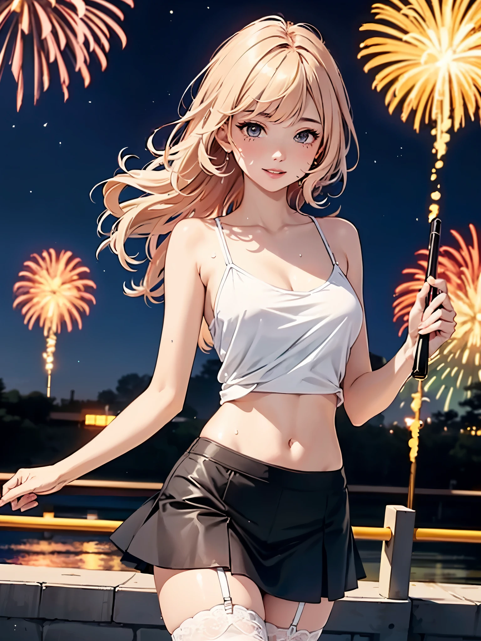Highest quality、High definition、A very cute beautiful girl、Pretty lips、Very sensual、feminine、Skin like in the picture、Glossy Skin、Various hairstyles、Different hair colors、Flowing hair texture、A beautiful woman with a large amount of milky liquid flowing all over her body、Sweaty、Stylish colorful tank top、、Short skirt、Garter belt and stockings、Blue and pink camisole、chest、Navel costume、Shoulder Bare、Sexy pose、T-back shorts、At the fireworks display、Beautiful woman taking a walk on a sunny day、