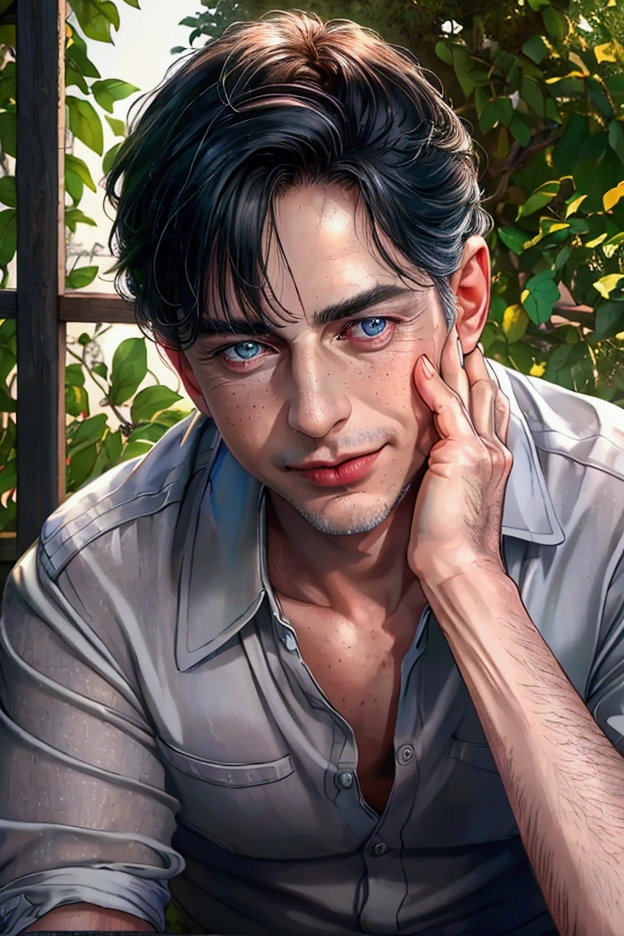 (of the highest quality,4k,8k,High resolution,masterpiece:1.2),Super detailed,(realist,photorealist,photo-realist:1.37),1 person,mature men,beautiful skin,White race, White skin, very handsome,Expressionless smile in love,short black hair,gray blue eyes,sharp eyes,A perfect face without a doubt,psychiatric, psychologist, 27 years, without wrinkles, fondo de jardin asilo psychiatric,cinema lighting,imagen hdr,Atar、