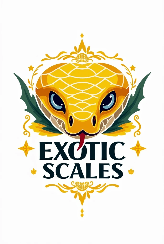 Create a white background logo for a snake farm using the face of a yellow and white python with the basic elements of a python's face looking out to the horizon, The logo must have bright colors and an allusion to Freemasonry. The python snake must be characteristic and below the logo put the name. " Exotic scales" Create a bold and attractive logo with many elements