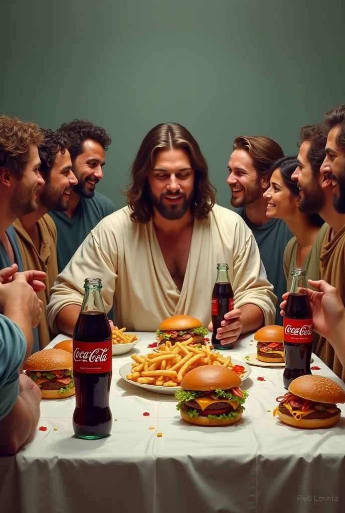 Make a portrait of the last supper with Jesus and his apostles eating hamburgers and cold Coca-Cola