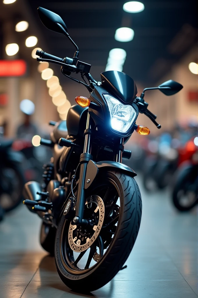 Make a image of hero bike showroom background blur 