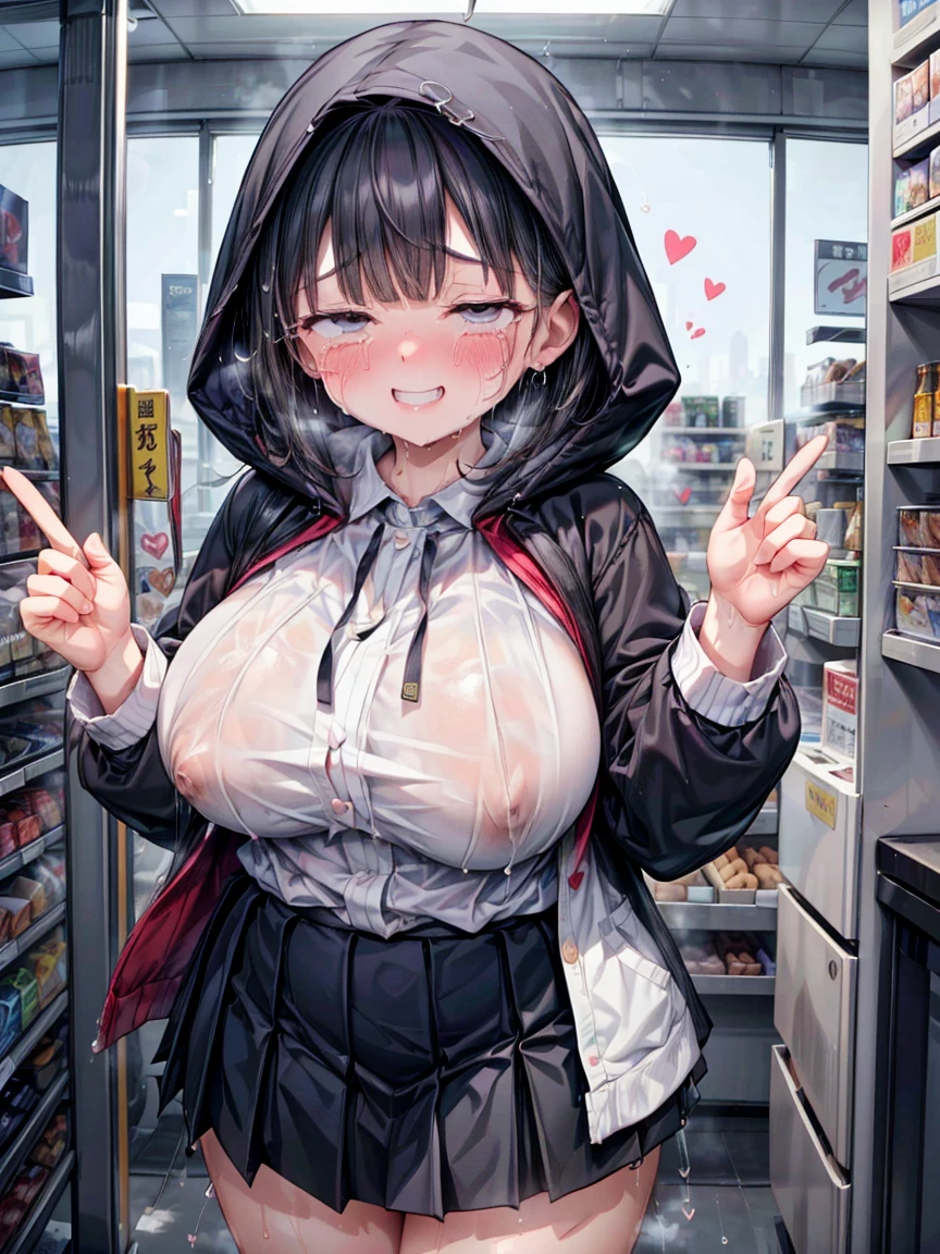 (Girl,Fat middle-aged man:1.2)、(Hooded clothing)、(Pleated skirt)、blush、convenience store、Very detailed、High resolution、4K、masterpiece、High resolution、(tears:1.8)、(heart:1.3)、(rape)、(Grin:1.3)、(Eyes half closed:1.6)、(Sweaty:1.3)、(Big Breasts)、(Push one's groin forward)、(Squat)、(Feels good:1.3)、Leaning forward、(Cute pose)