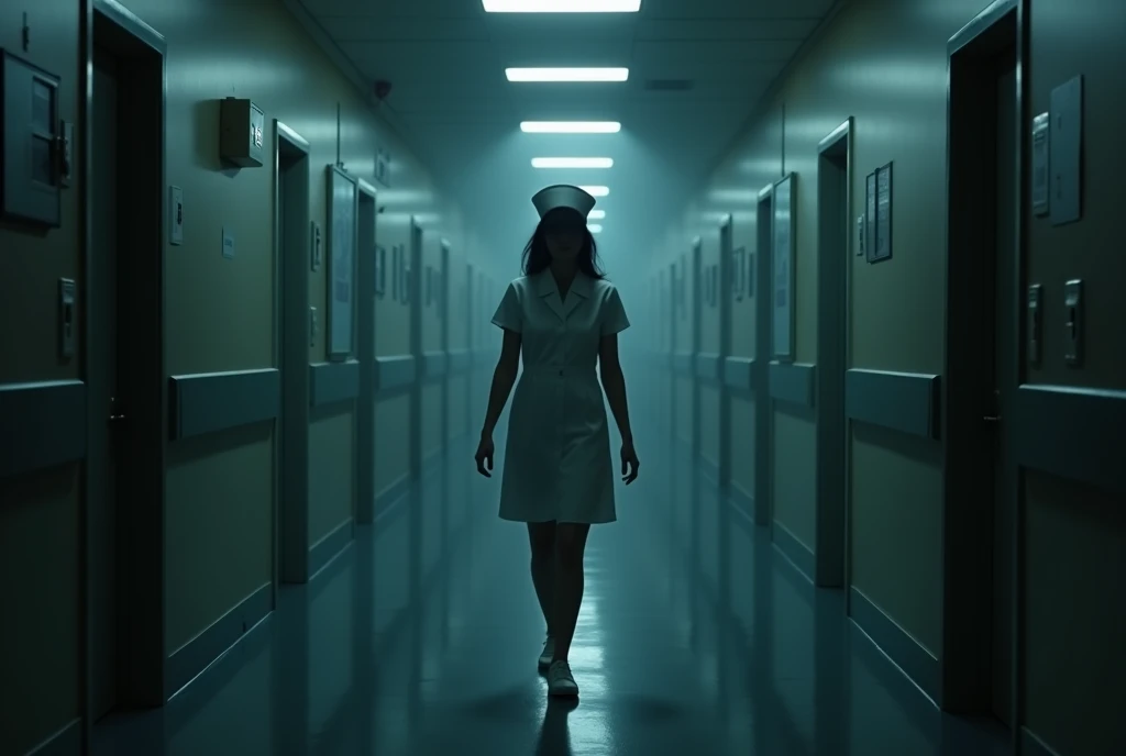Dimly lit hospital corridor at night. There are three closed doors on each side. A woman in a 90s nurse uniform and hat walks from door to door, Your body is transparent、The face has no features.