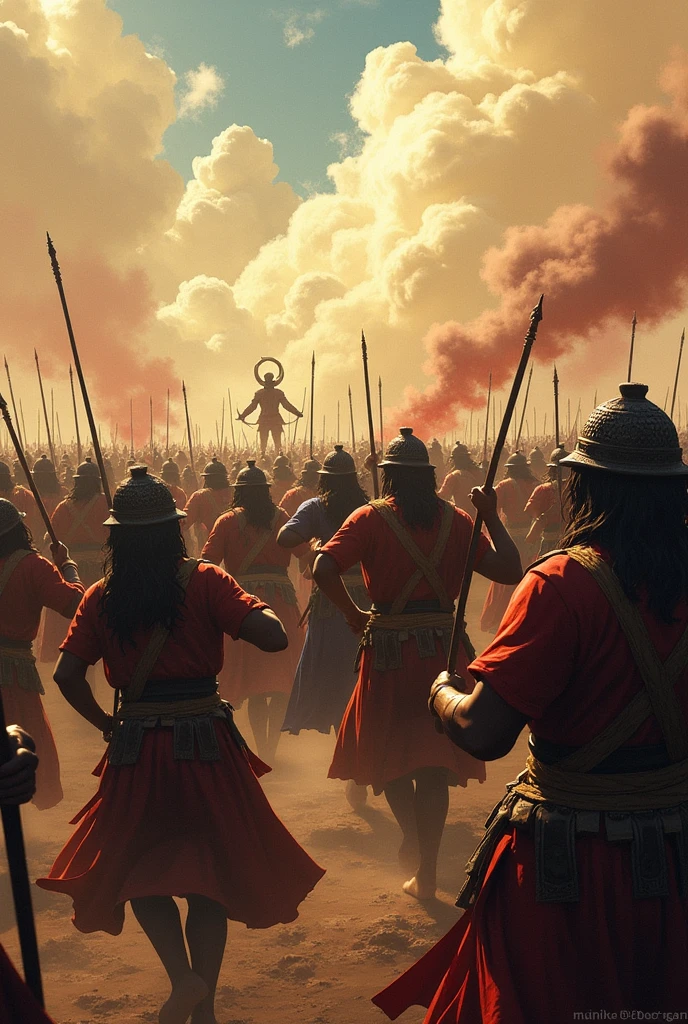 Scene 6: Driving the Enemy Back
The final scene depicts King Dutugemunu’s forces launching a powerful counterattack. The soldiers charge forward with fierce determination, their formation tight and their movements coordinated. In the background, the enemy forces are shown retreating, unable to withstand the renewed assault. Suranimala, having cleared the skies, now supports his comrades, taking down any remaining threats with well-placed arrows. The battlefield, once chaotic, is now firmly under the control of Dutugemunu’s forces, thanks to Suranimala’s heroic intervention