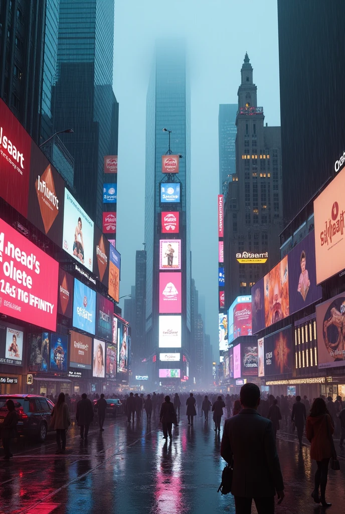 Photographic grade，Movie quality，CG Wallpaper，Cyber Times Square in New York City in the rain，All the billboards on the street are"SeaArt Infinity"