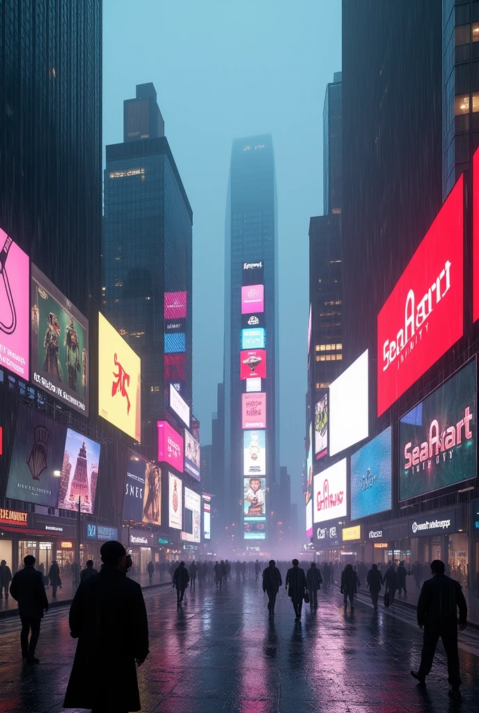 Photographic grade,Movie quality,CG Wallpaper,Cyber Times Square in New York City in the rain,All the billboards on the street are"SeaArt Infinity"