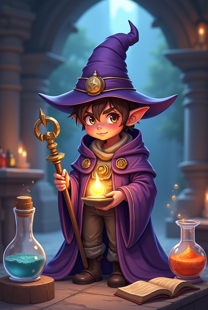 Young Gnome, Male Gnome, Young Sorcerer, Alchemist Sorcerer, alchemist, Brown hair, short hair, sideburns, short stature, pointed hat, Purple Hat, Wizard's Robe, Medieval Tunic, Magic Staff, anime, fancy, 4k, super detail