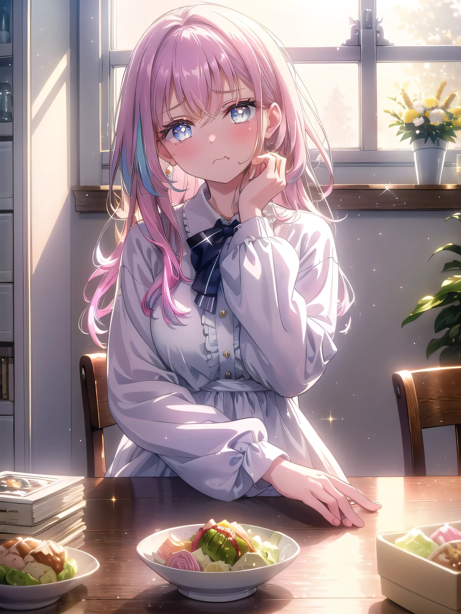 ((8k, Highest quality, masterpiece: 1.3)),Ultra-high resolution,(1 girl, alone), (Color changing eyes, Ultra-detailed, Expressive brilliance, Glitter, Glowing Eyes), Highly detailed eyes, Highly detailed face, Random Hair, ((pastel colour) In a minimalist apartment dining room, the woman sits by a round table with a half-eaten Caesar salad in front of her. She’s dressed in a white blouse with rolled-up sleeves and casual jeans. The room is decorated with modern, simple furnishings, and the light from the large window behind her creates a soft backlight. She’s resting her chin on her hand, looking at the camera with a slight pout, her cheeks puffed out as if she’s mildly annoyed or upset about something, yet there's a playful glint in her eyes.