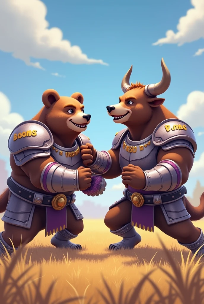 A generate image of a bear and bull are together very armor they are friends fighting in the field and taking their picture and a whiteish purple armor and greyish purple. The armor was written booms. They are smiling normally and more friendly cute ,bear and bull. They somehow looking each other and they are muscular